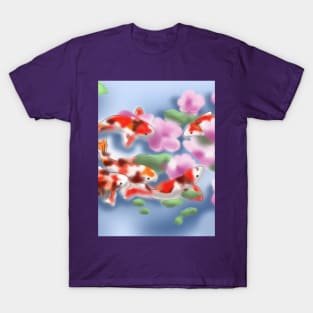 Cherry blossoms and koi carp in purple water T-Shirt